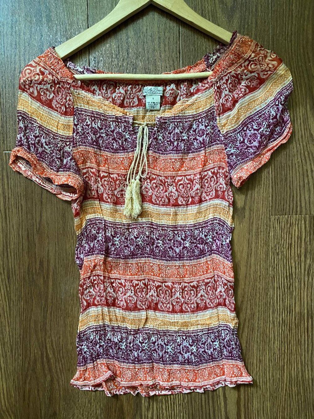 Lucky Brand Live in Love Boho Smocked Crinkle Peasant Blouse Tassel Tie - S